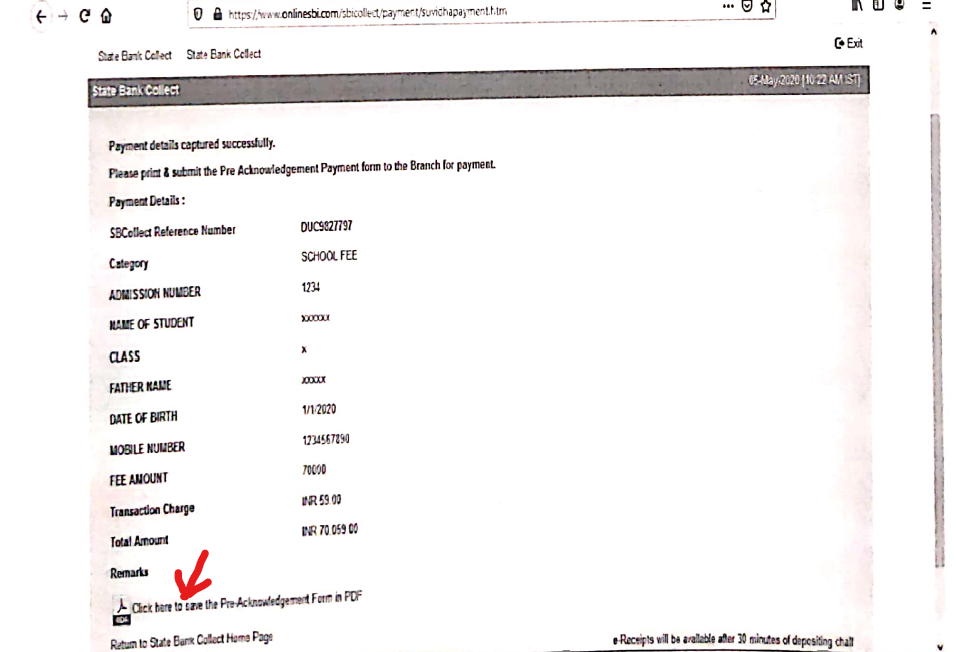 Payment Receipt Step to pay Sainik School Fess through SBI Payment Gateway 